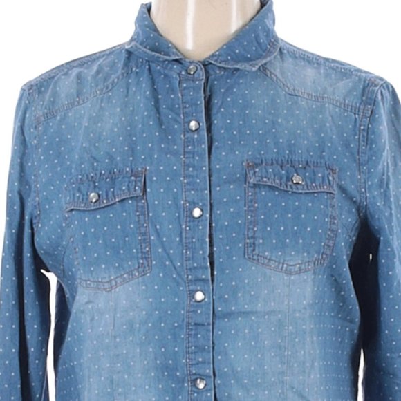 CAVALINI Blue Super Soft Stonewashed Polka Dot Snap-Button Tailored Shirt Size L - Picture 3 of 4